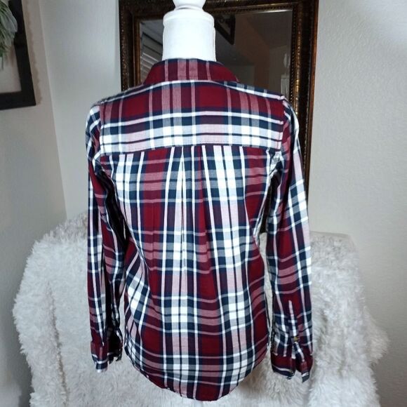 SO BURGUNDY, NAVY, & WHITE PLAID SHIRT SZ.XS EUC - Picture 4 of 7
